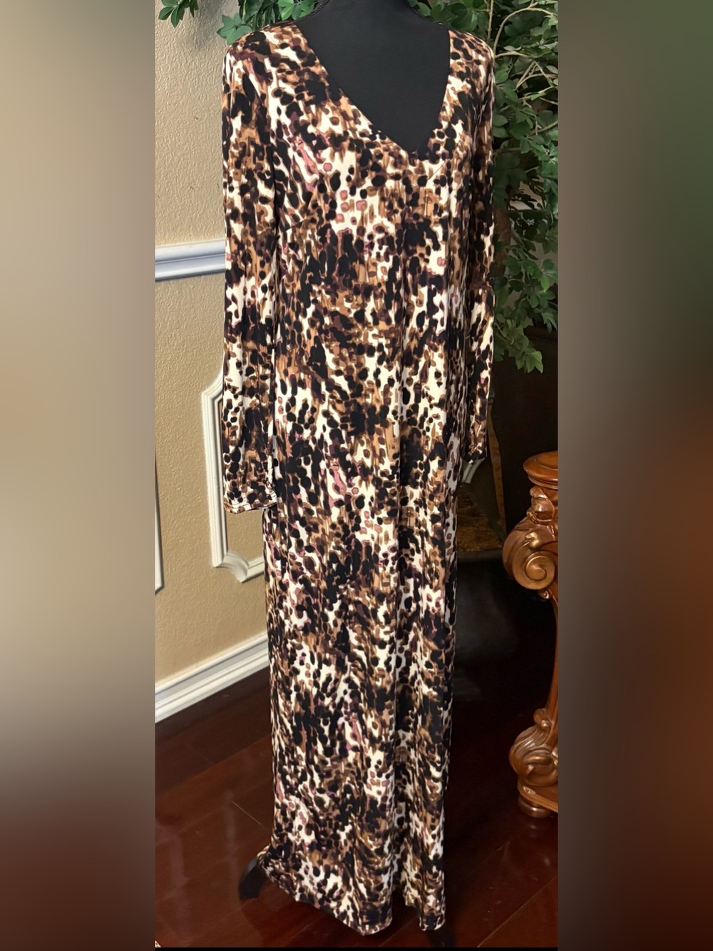 Brown and Black Print V-Neck Long Sleeve Maxi Dress - Brown Multicolor